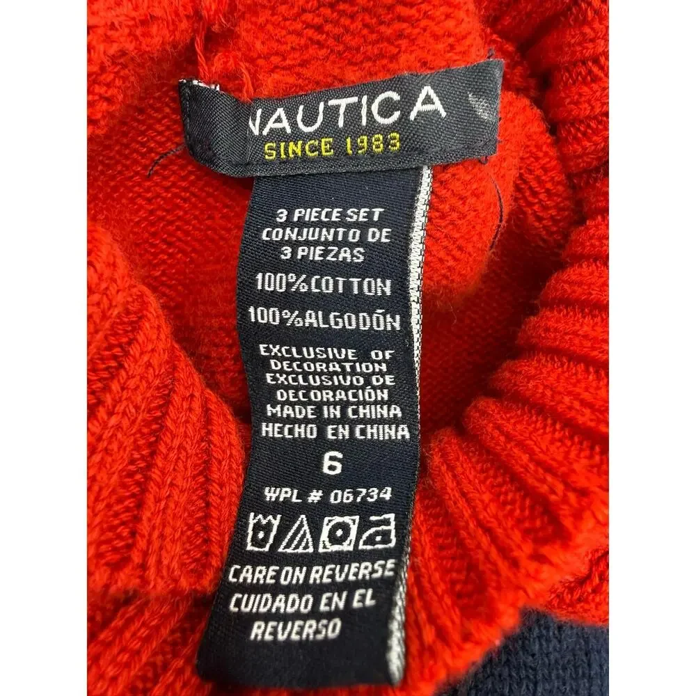 Nautica Boys Shawl Collar Cable Knit Sweater Red Navy Striped Size 6
